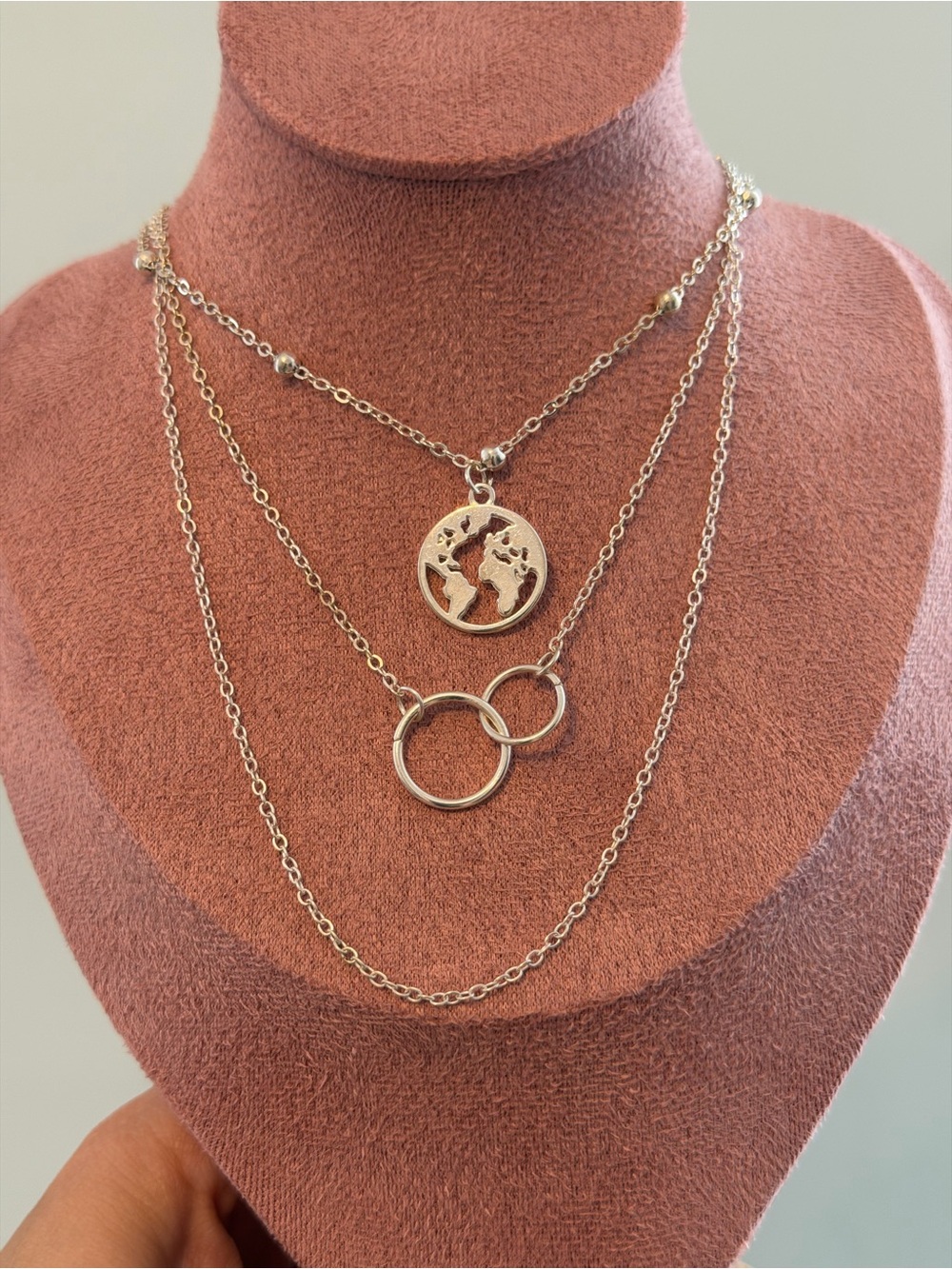 Layered Silver Globe & Interlocking Ring Necklace - Women Jewelry